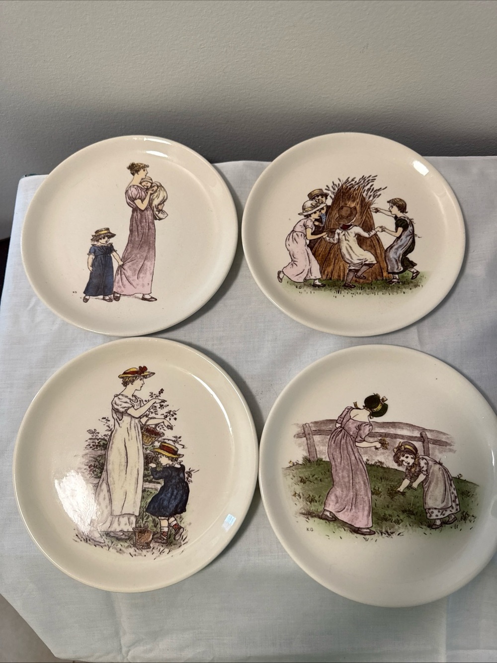 Vintage  Kate Greenaway almanack Cream Dinnerware Plate Set with Illustrations.